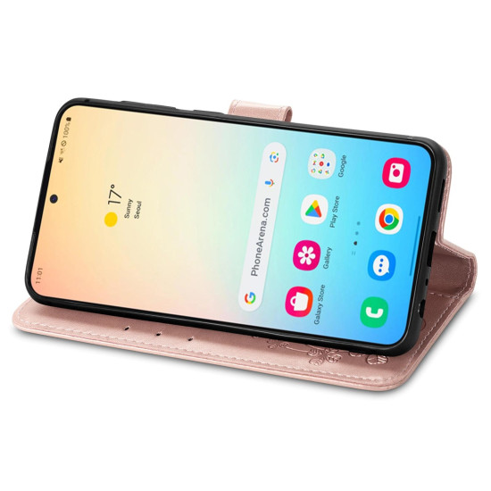 For Samsung Galaxy S24+ 5G Four-leaf Clasp Embossed Buckle Leather Phone Case(Rose Gold)