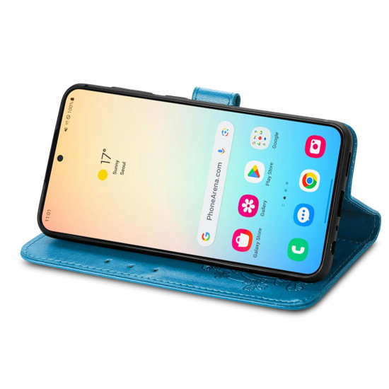 For Samsung Galaxy S24+ 5G Four-leaf Clasp Embossed Buckle Leather Phone Case(Blue)