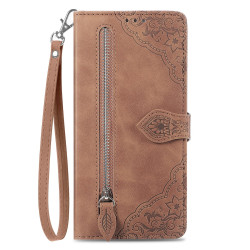 For Samsung Galaxy S24+ 5G Embossed Flower Zipper Leather Phone Case(Brown)
