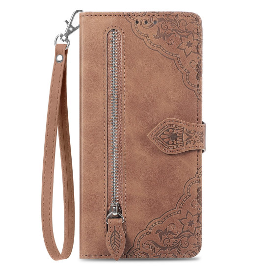For Samsung Galaxy S24+ 5G Embossed Flower Zipper Leather Phone Case(Brown)