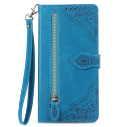For Samsung Galaxy S24+ 5G Embossed Flower Zipper Leather Phone Case(Blue)