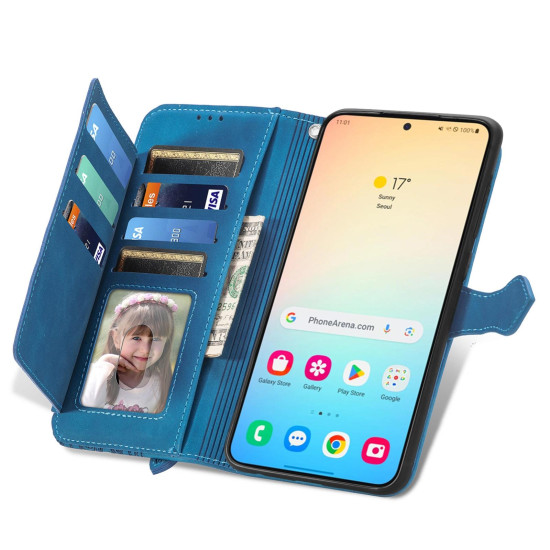 For Samsung Galaxy S24+ 5G Embossed Flower Zipper Leather Phone Case(Blue)