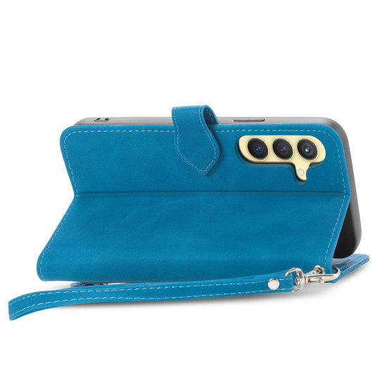 For Samsung Galaxy S24+ 5G Embossed Flower Zipper Leather Phone Case(Blue)