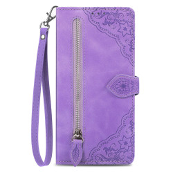 For Samsung Galaxy S24+ 5G Embossed Flower Zipper Leather Phone Case(Purple)