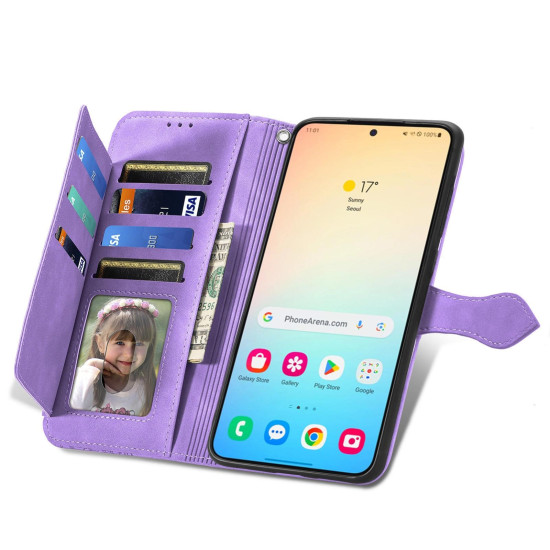 For Samsung Galaxy S24+ 5G Embossed Flower Zipper Leather Phone Case(Purple)