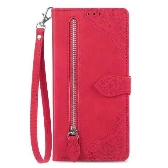 For Samsung Galaxy S24+ 5G Embossed Flower Zipper Leather Phone Case(Red)