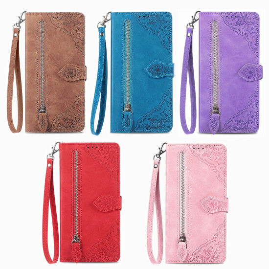 For Samsung Galaxy S24+ 5G Embossed Flower Zipper Leather Phone Case(Red)