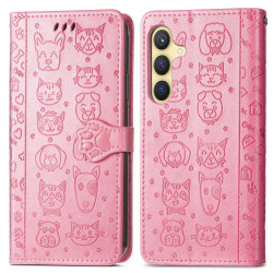 For Samsung Galaxy S24+ 5G Cat and Dog Embossed Leather Phone Case(Pink)