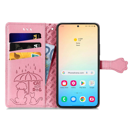For Samsung Galaxy S24+ 5G Cat and Dog Embossed Leather Phone Case(Pink)