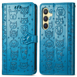 For Samsung Galaxy S24+ 5G Cat and Dog Embossed Leather Phone Case(Blue)