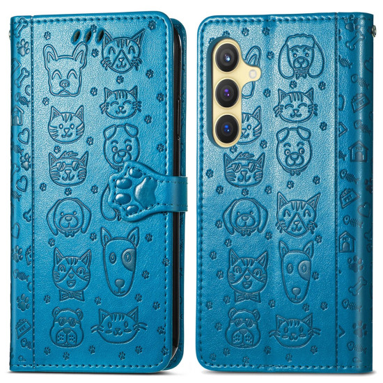 For Samsung Galaxy S24+ 5G Cat and Dog Embossed Leather Phone Case(Blue)