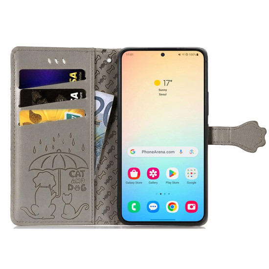 For Samsung Galaxy S24+ 5G Cat and Dog Embossed Leather Phone Case(Gray)
