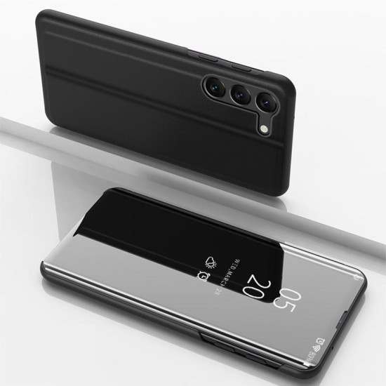 For Samsung Galaxy S24+ 5G Plated Mirror Horizontal Flip Leather Phone Case with Holder(Black)