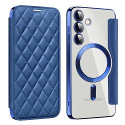 For Samsung Galaxy S24+ 5G Shield MagSafe RFID Anti-theft Rhombus Leather Phone Case(Dark Blue)
