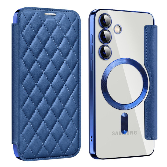 For Samsung Galaxy S24+ 5G Shield MagSafe RFID Anti-theft Rhombus Leather Phone Case(Dark Blue)