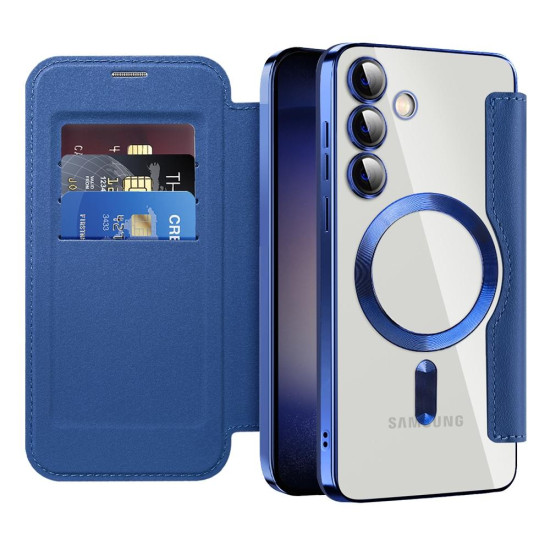 For Samsung Galaxy S24+ 5G Shield MagSafe RFID Anti-theft Rhombus Leather Phone Case(Dark Blue)