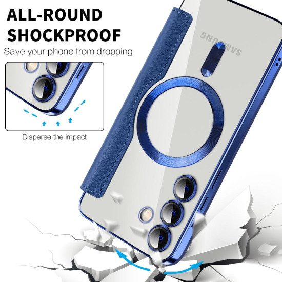 For Samsung Galaxy S24+ 5G Shield MagSafe RFID Anti-theft Rhombus Leather Phone Case(Dark Blue)