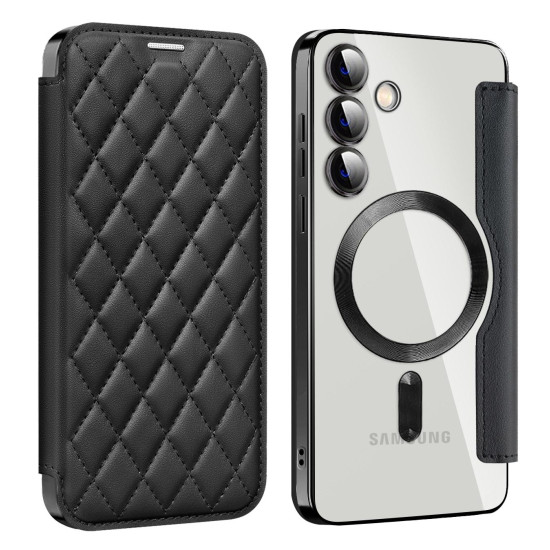 For Samsung Galaxy S24+ 5G Shield MagSafe RFID Anti-theft Rhombus Leather Phone Case(Black)