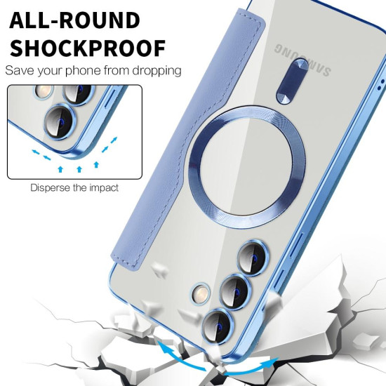 For Samsung Galaxy S24+ 5G Shield MagSafe RFID Anti-theft Rhombus Leather Phone Case(Blue)
