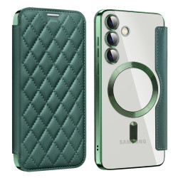 For Samsung Galaxy S24+ 5G Shield MagSafe RFID Anti-theft Rhombus Leather Phone Case(Green)