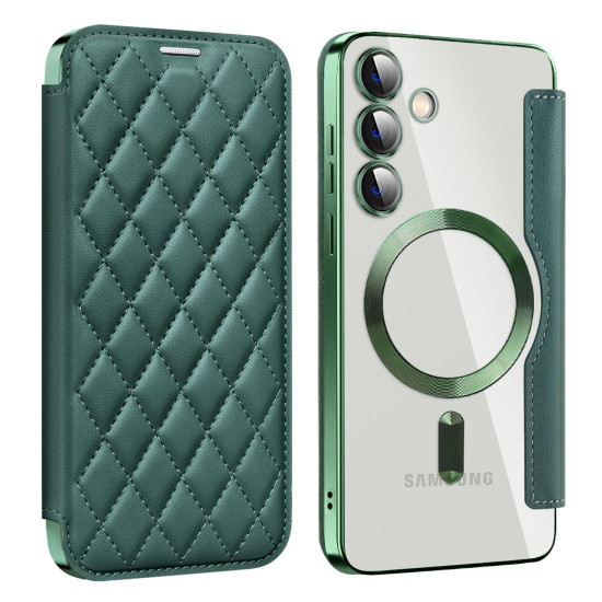 For Samsung Galaxy S24+ 5G Shield MagSafe RFID Anti-theft Rhombus Leather Phone Case(Green)
