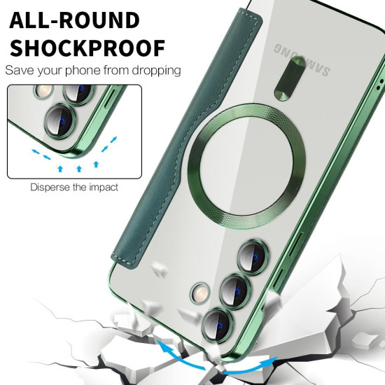 For Samsung Galaxy S24+ 5G Shield MagSafe RFID Anti-theft Rhombus Leather Phone Case(Green)