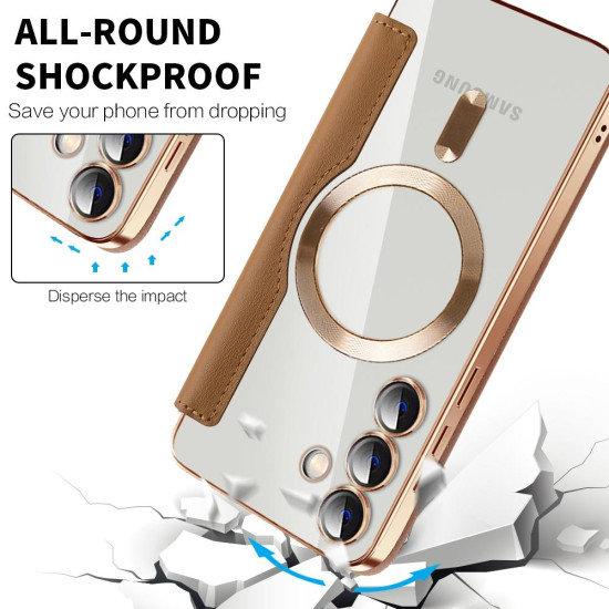 For Samsung Galaxy S24+ 5G Shield MagSafe RFID Anti-theft Rhombus Leather Phone Case(Brown)