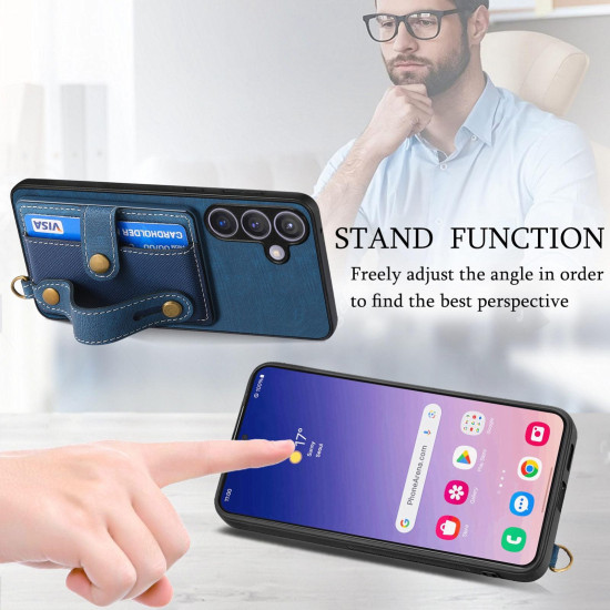 For Samsung Galaxy S24+ 5G Retro Cross Wristband Wallet Leather Back Phone Case(Blue)