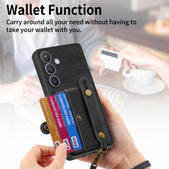 For Samsung Galaxy S24+ 5G Retro Cross Wristband Wallet Leather Back Phone Case(Black)