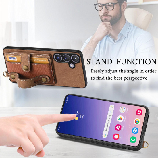 For Samsung Galaxy S24+ 5G Retro Cross Wristband Wallet Leather Back Phone Case(Brown)
