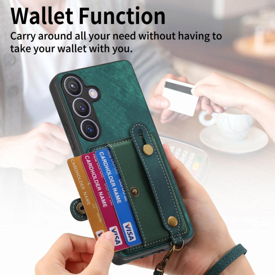 For Samsung Galaxy S24+ 5G Retro Cross Wristband Wallet Leather Back Phone Case(Green)