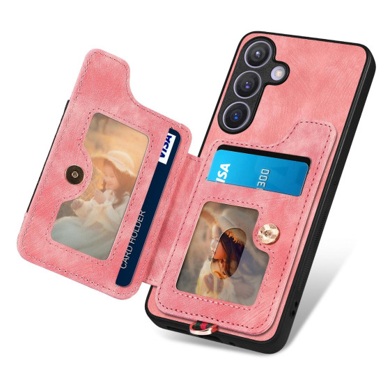For Samsung Galaxy S24+ 5G Retro Skin-feel Ring Multi-card Wallet Phone Case(Pink)
