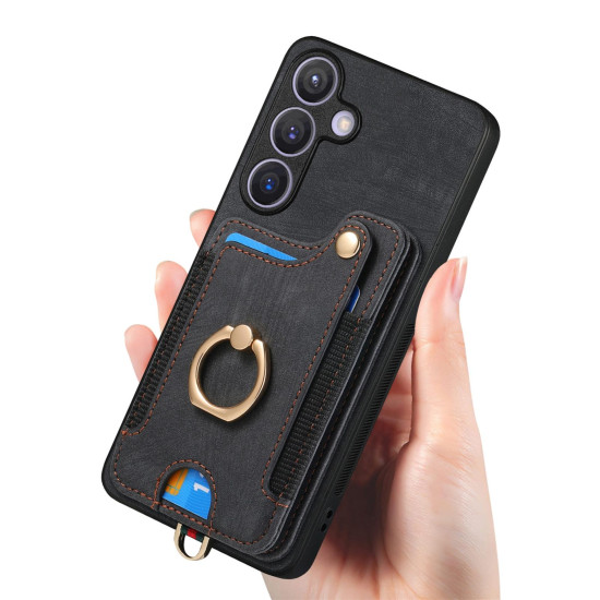For Samsung Galaxy S24+ 5G Retro Skin-feel Ring Multi-card Wallet Phone Case(Black)