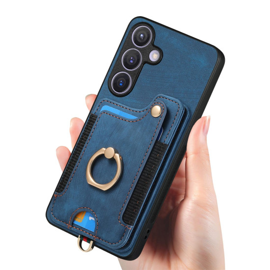 For Samsung Galaxy S24+ 5G Retro Skin-feel Ring Multi-card Wallet Phone Case(Blue)