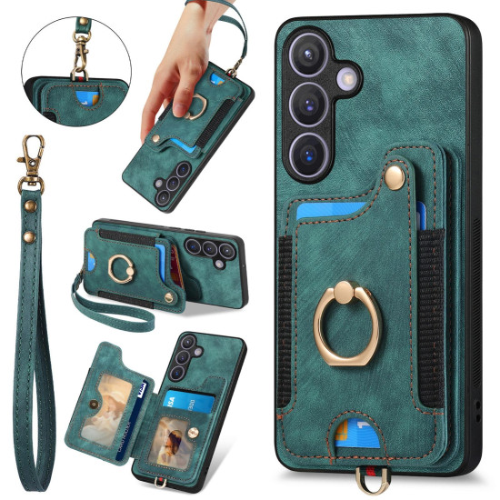 For Samsung Galaxy S24+ 5G Retro Skin-feel Ring Multi-card Wallet Phone Case(Green)