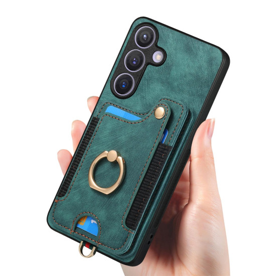 For Samsung Galaxy S24+ 5G Retro Skin-feel Ring Multi-card Wallet Phone Case(Green)