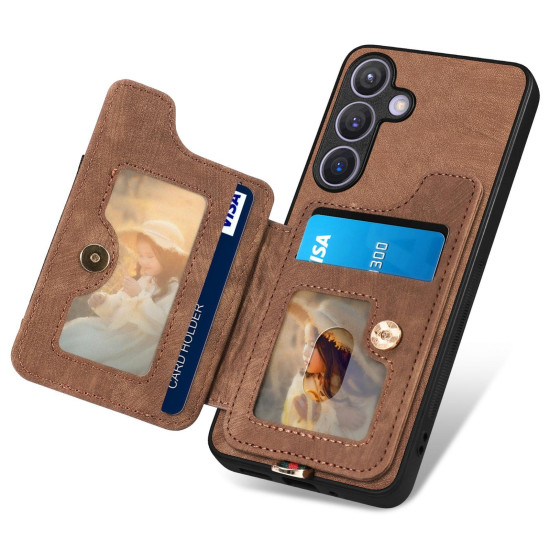 For Samsung Galaxy S24+ 5G Retro Skin-feel Ring Multi-card Wallet Phone Case(Brown)