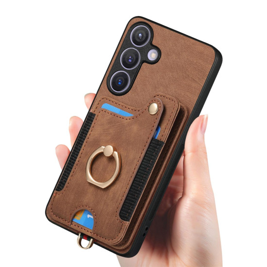 For Samsung Galaxy S24+ 5G Retro Skin-feel Ring Multi-card Wallet Phone Case(Brown)