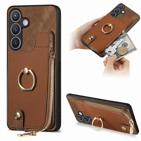 For Samsung Galaxy S24+ 5G Cross Leather Ring Vertical Zipper Wallet Back Phone Case(Brown)