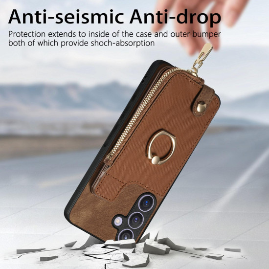 For Samsung Galaxy S24+ 5G Cross Leather Ring Vertical Zipper Wallet Back Phone Case(Brown)