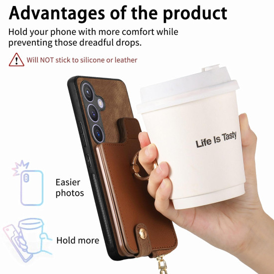 For Samsung Galaxy S24+ 5G Cross Leather Ring Vertical Zipper Wallet Back Phone Case(Brown)
