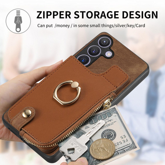 For Samsung Galaxy S24+ 5G Cross Leather Ring Vertical Zipper Wallet Back Phone Case(Brown)