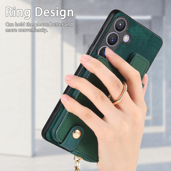 For Samsung Galaxy S24+ 5G Cross Leather Ring Vertical Zipper Wallet Back Phone Case(Green)