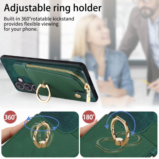 For Samsung Galaxy S24+ 5G Cross Leather Ring Vertical Zipper Wallet Back Phone Case(Green)