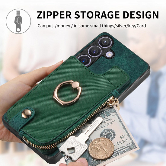For Samsung Galaxy S24+ 5G Cross Leather Ring Vertical Zipper Wallet Back Phone Case(Green)