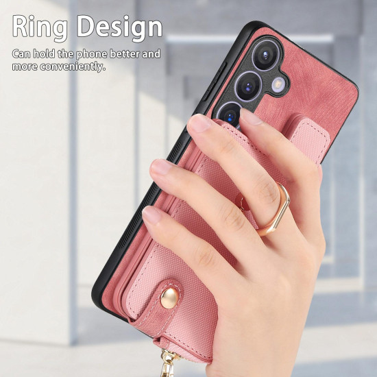 For Samsung Galaxy S24+ 5G Cross Leather Ring Vertical Zipper Wallet Back Phone Case(Pink)