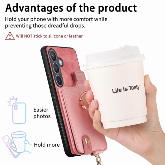 For Samsung Galaxy S24+ 5G Cross Leather Ring Vertical Zipper Wallet Back Phone Case(Pink)