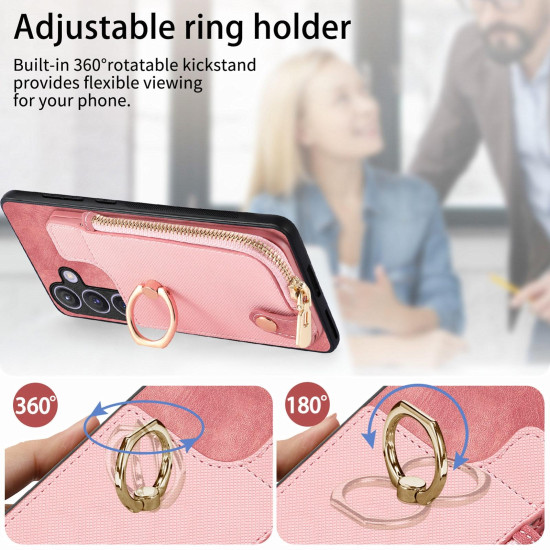For Samsung Galaxy S24+ 5G Cross Leather Ring Vertical Zipper Wallet Back Phone Case(Pink)