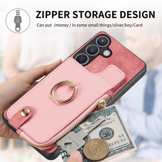 For Samsung Galaxy S24+ 5G Cross Leather Ring Vertical Zipper Wallet Back Phone Case(Pink)