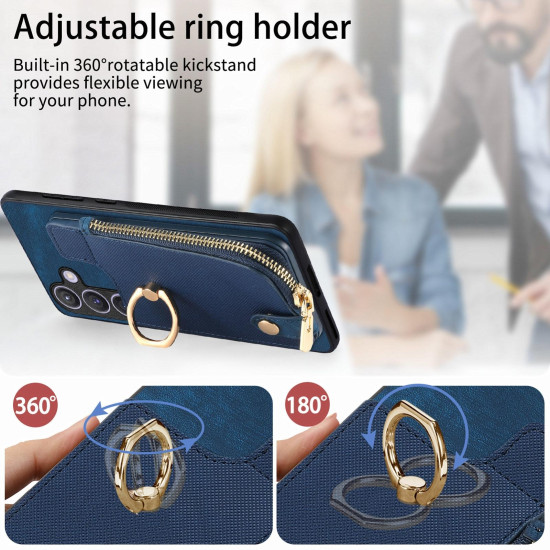 For Samsung Galaxy S24+ 5G Cross Leather Ring Vertical Zipper Wallet Back Phone Case(Blue)